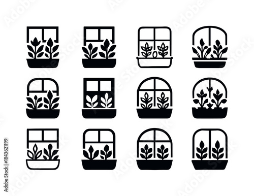 Herb Planter Icon Set. Growing herbs on a windowsill. Icon set.