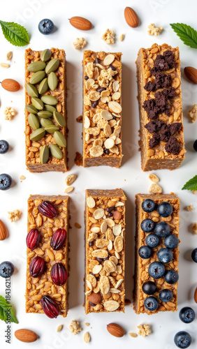 Nutritious granola bars arranged in visually appealing layout, topped with seeds, nuts, and berries, showcasing healthy snacks