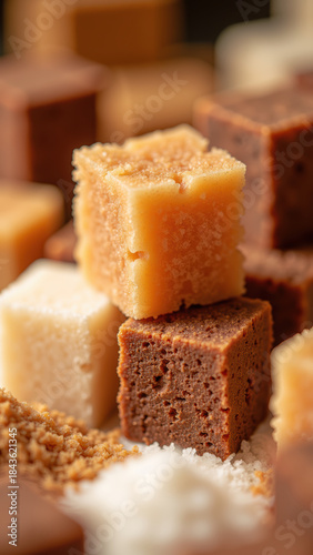 Delicious cubes of brown and white sugar, showcasing various textures and colors, create inviting and sweet atmosphere