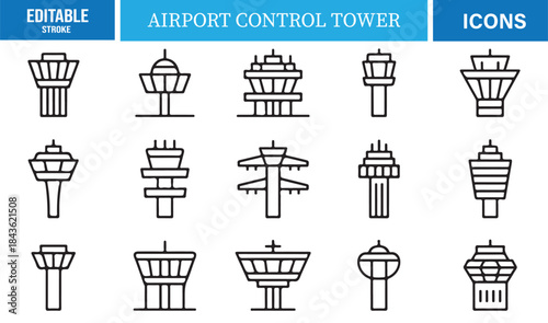 Editable stroke airport control tower icons for aviation and transport design