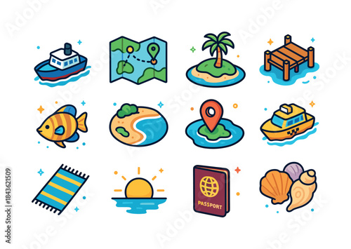 Island Adventure Icons. Island hopping. Colorful isometric vecto