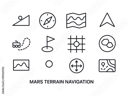 Mars Navigation Icons. Mars terrain navigation. Line icon set of