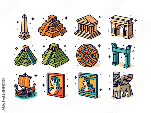 Ancient Icon Grid. Ancient Civilizations. Colorful isometric vec