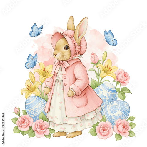 Cute Watercolor Easter Bunny in Pink Coat with Eggs and Flowers