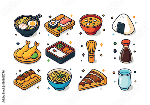 Japanese Food Icons. Japanese food. Colorful isometric vector ic