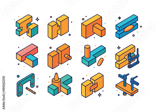 Colorful Wood Joinery Icons. Wood Joinery. Colorful isometric ve