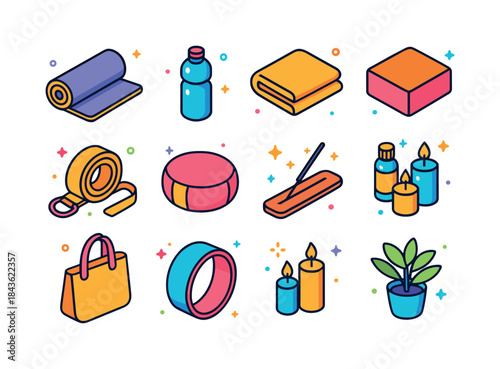 Yoga Accessories Icons. Yoga accessories. Colorful isometric vec
