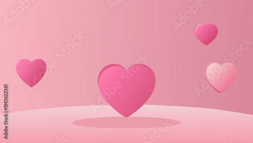 A gentle abstract digital illustration featuring several pink hearts floating in a soft pink gradient background, representing love and romance