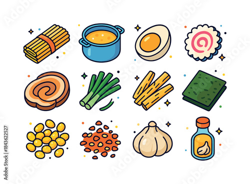 Ramen Ingredients Icons. Ramen ingredients. Colorful isometric v