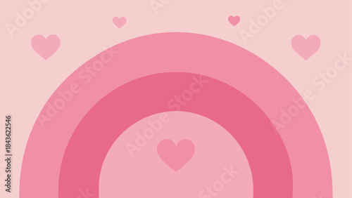 A cute monochromatic pink rainbow illustration surrounded by small hearts creating a lovely and gentle design perfect for sweet romantic themes