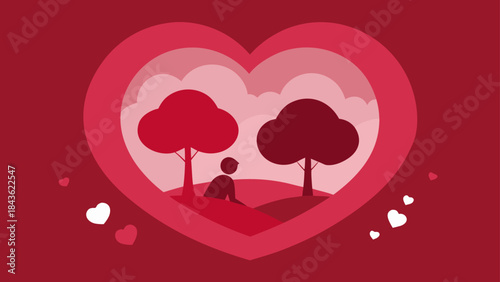 A peaceful landscape illustration featuring a person sitting under trees within a large red heart shape symbolizing love and tranquility