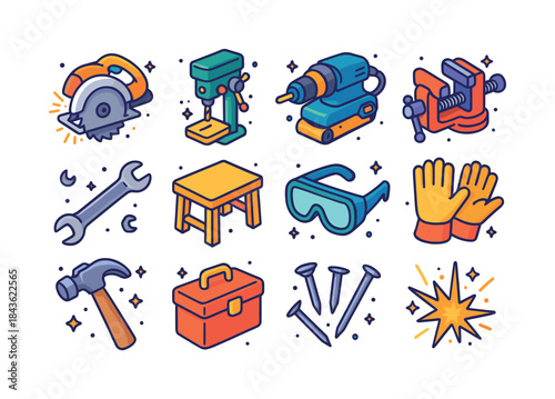 Colorful Workshop Icons. Workshop tools. Colorful isometric vect