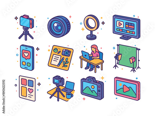 Content Creation Icons. Content Creation. Colorful isometric vec