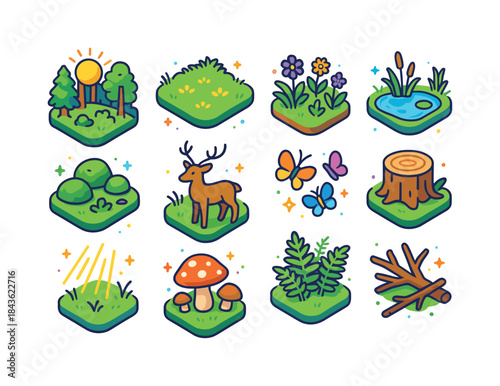 Colorful Forest Icons. Glade. Colorful isometric vector icons se