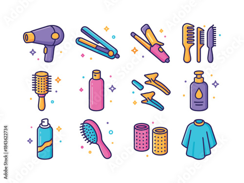 Colorful Hairstyling Icons. Hairstyling tools. Colorful isometri