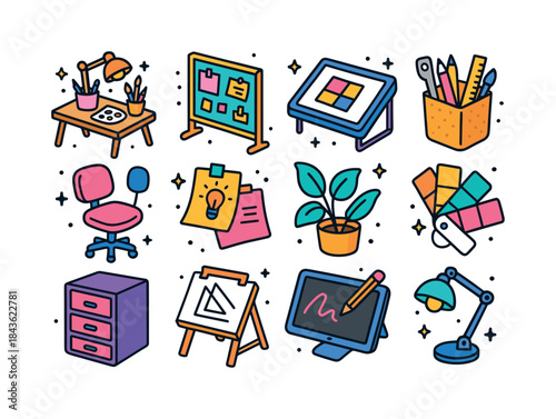 Creative Workspace Icons. Creative workspace. Colorful isometric