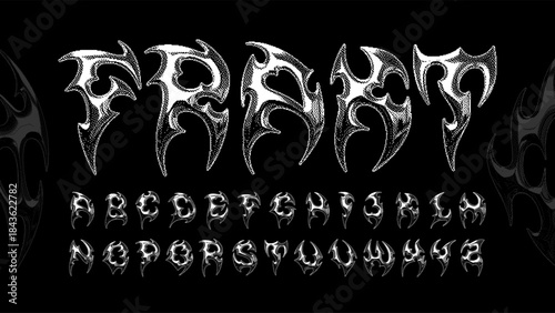 Tribal display typeface alphabet with halftone stipple texture, reflecting a y2k aesthetic