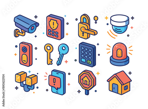 Colorful Home Security Icons. Home security. Colorful isometric