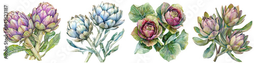 Vivid watercolor artichoke leaves showcase their delicate beauty and vibrant colors, creating stunning visual experience