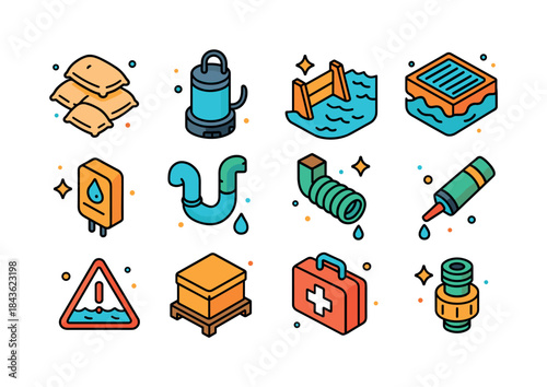 Colorful Flood Prevention Icons. Flood Prevention. Colorful isom