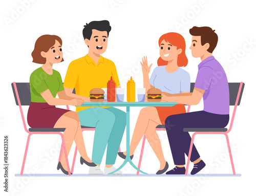 A group of friends happily sharing burgers at a bright table, embracing the joy of friendship and good food in a casual dining atmosphere, creating memorable moments.