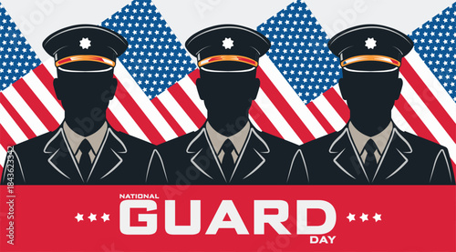 Three military service member silhouettes in uniform stand before an American flag pattern banner for Guard Day promotion.