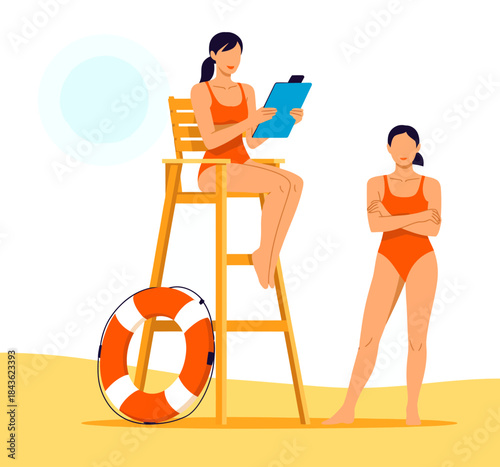This image illustrates two lifeguards at a vibrant swimming pool, one sitting on a lifeguard chair and the other standing, emphasizing summer safety and leisure activities in style.