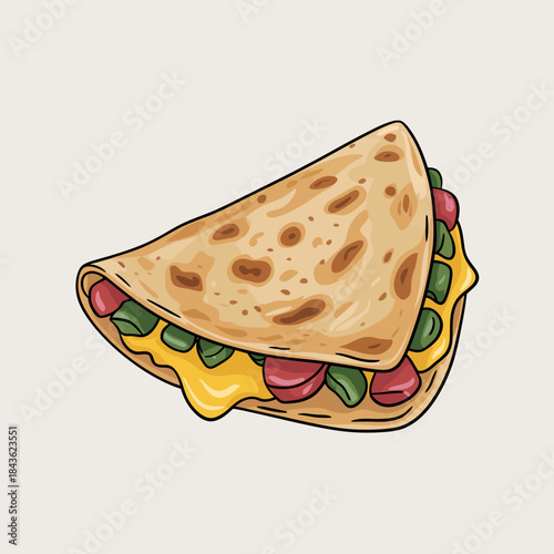 An appetizing taco illustration filled with fresh ingredients like cheese, vegetables, and meats, perfect for food lovers and culinary enthusiasts alike.