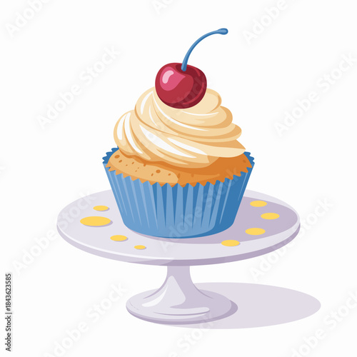 A beautifully decorated cupcake with a swirl of frosting topped with a bright cherry, presented on a pristine cake stand, enticing anyone who sees it.