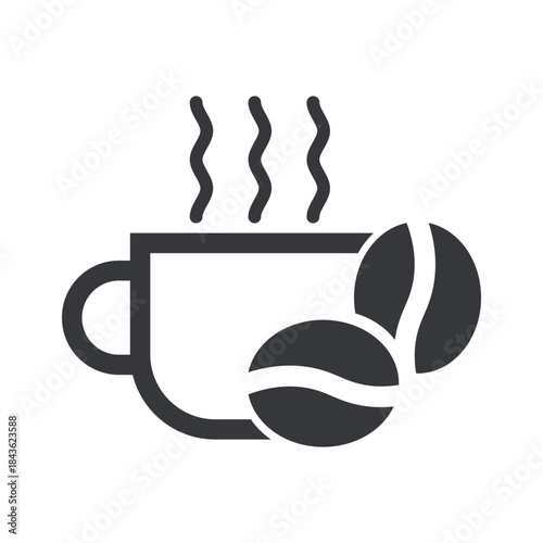 Isolated illustration of a warm coffee cup with roasted beans, symbolizing hot beverage, cafe culture, freshness, aroma, and daily caffeine ritual.