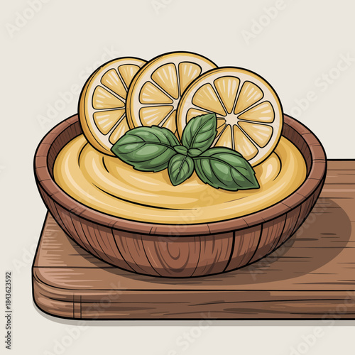 A beautifully presented bowl of creamy lemon dessert topped with fresh basil leaves and sliced lemons, ideal for a refreshing, gourmet culinary experience.