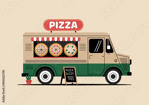 A vibrant pizza food truck showcasing delicious pizza options, ideal for an outdoor gathering or event, featuring colorful graphics and engaging design elements.