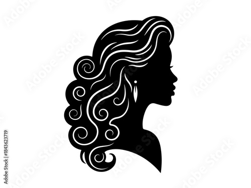 Black silhouette of a woman's profile with elegant, curly, and voluminous hair, adorned with a dangling earring, against a white background.