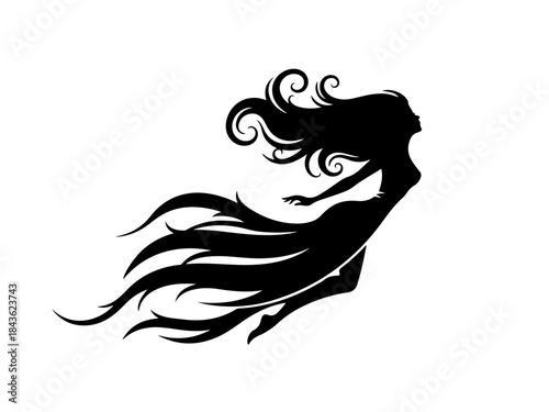 Black silhouette of a woman with long flowing hair and dress, appearing to float or fly, against a white background, evoking a sense of freedom and fantasy.