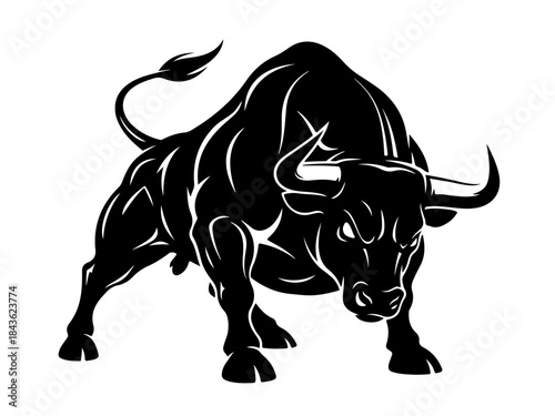 Powerful black bull with muscular body and sharp horns in an aggressive stance, depicted as a stylized graphic illustration.