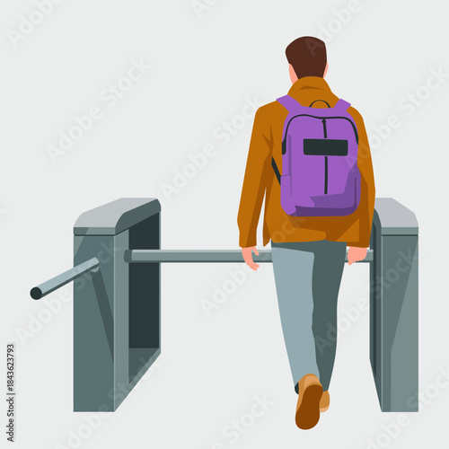 The image captures a young individual passing through a turnstile, symbolizing the act of moving forward in life and overcoming obstacles in the pursuit of knowledge and experiences.