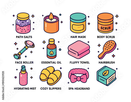 Self-Care Essentials Icons. Self-care essentials. Colorful isome