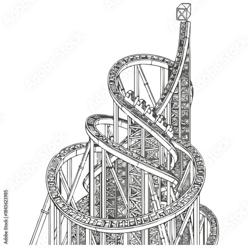 Grayscale digital illustration showcasing a thrilling roller coaster track winding upward in a complex spiral, complete with support beams and a leading car approaching the apex