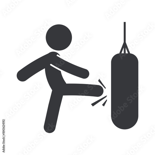 Isolated pictogram of a man kicking a punching bag, representing martial arts training, self defense, fitness exercise, and combat sports workout.