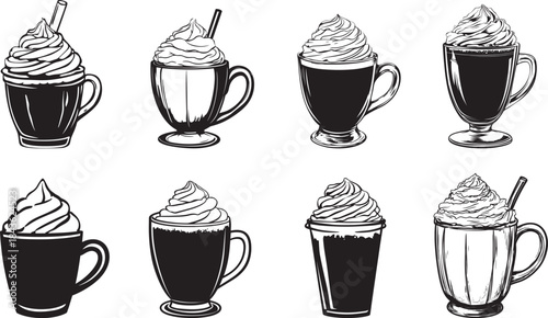 Set of eight black and white coffee mugs with whipped cream and straws.