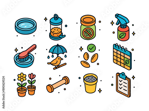 Bird Care Essentials. Bird Health. Colorful isometric vector ico