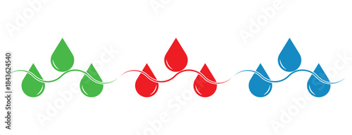 liquid drops over wavy lines, green red and blue dew symbols