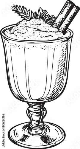 A glass of eggnog with a cinnamon stick and a sprig of pine on top.