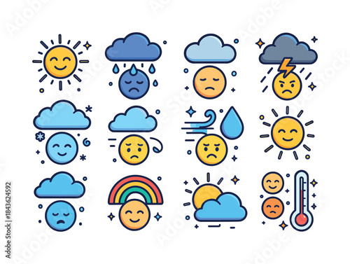 Weather Mood Icons. how weather affects mood. Colorful isometric