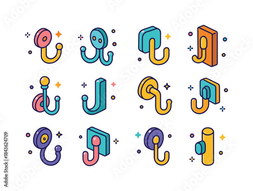 Colorful Hook Icons. Wall hooks. Colorful isometric vector icons