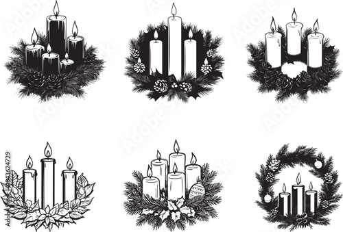 Set of six black and white illustrations of Christmas wreaths with candles.