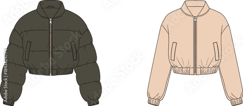 Two puffer bomber jackets one dark green one light peach with zippers and pockets