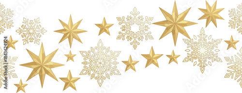 Sparkling golden stars and ornate snowflakes joyfully enhance a beautiful festive season design