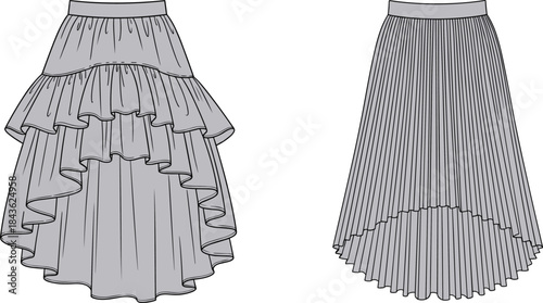 Two grey fashion design sketches of skirts one tiered ruffled and one pleated illustration