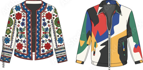 Two illustrated jackets one with floral embroidery and one with abstract color blocking